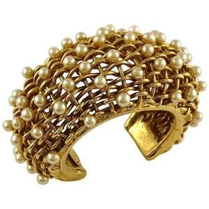 Chanel Vintage 1988 Gold Toned Braided Pearl Cuff Bracelet